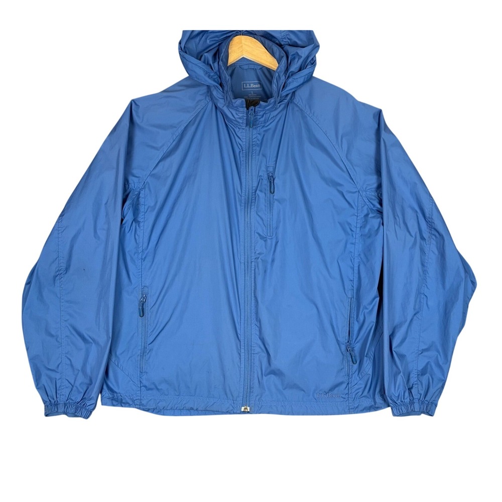 LL‎ Bean Mens Windbreaker Jacket Blue Full Zip Hooded Shell OGTM5 Size Large